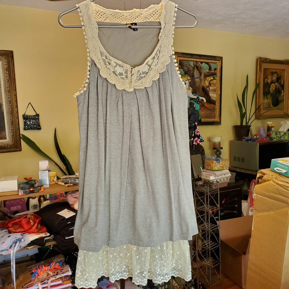 Gray and cream dress with lace and crochet hem